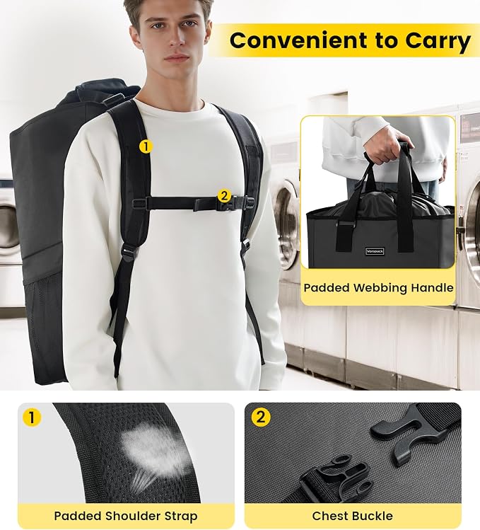 Vorspack Laundry Bag Backpack - 125L Extra Large Laundry Bags with Shoulder Straps Heavy-duty 2 in 1 Laundry Hamper Basket for College Dorm Camp Laundromat Room Essentials - Black - Image 6