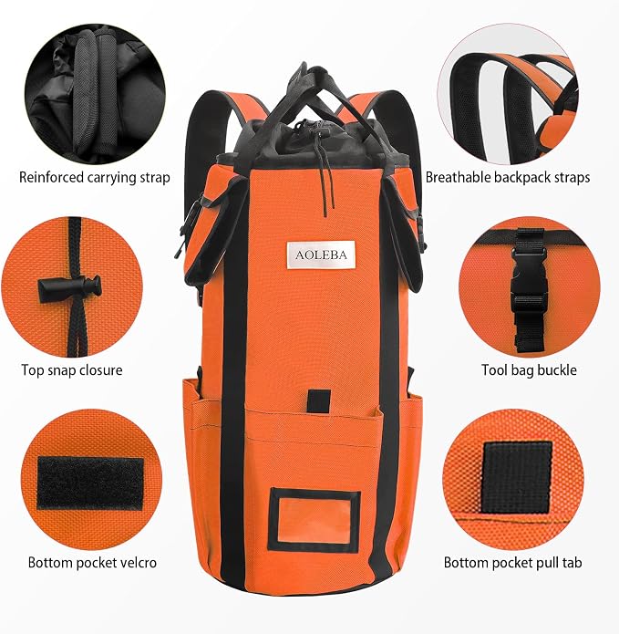 AOLEBA Arborist Rope Storage Bag Tree Climbing Rock Rope Bucket Backpack Rope Storage Bag Large Capacity 1680D Thicken Nylon Material with Hand Straps, Side Pockets - Image 5