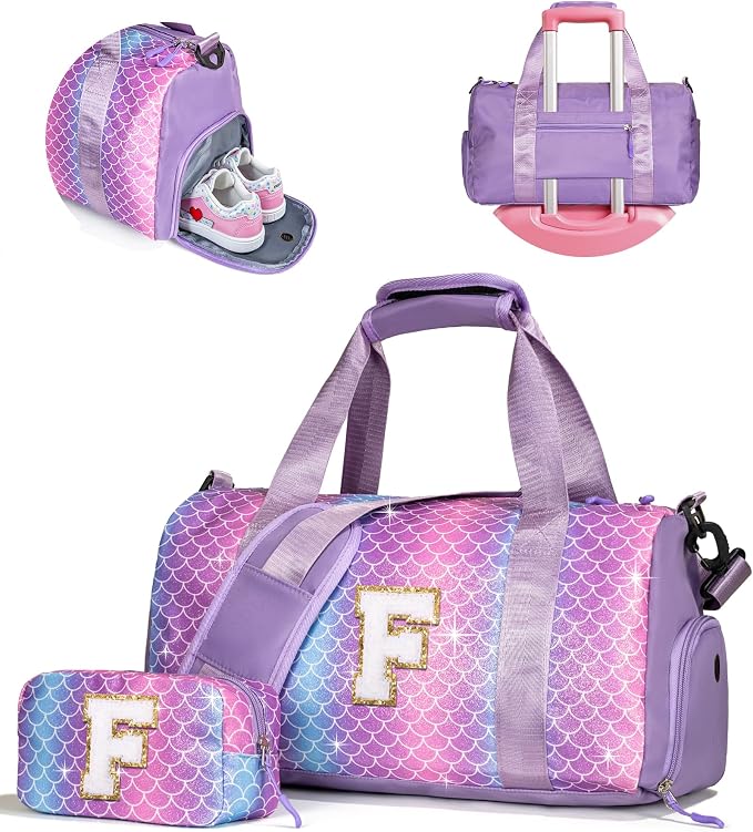 Dorm Room Essentials for Girls-Girl Gym Bag with Shoe Compartment, Kid Personalized Weekender Overnight Bags, Initial Travel Tote with Makeup Pouch, Preppy Stuff Gifts for Kids (Letter F) by Vogewood