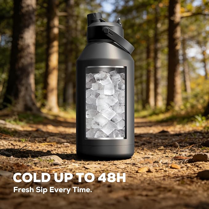 POWCAN 64 oz Insulated Water Bottle for Sports: 2-in-1 Straw & Spout Lid, Leakproof, Carrier Bag, Shoulder Strap, Keep Cold 48H, BPA-Free, Half Gallon Metal Water Jug for Gym, Travel, Gift (Midnight) - Image 2