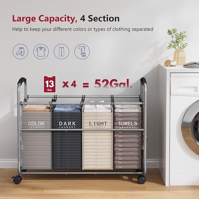 Tajsoon Laundry Sorter 4 Sections, Laundry Separator Hamper with Heavy Duty Lockable Rolling Wheels, Laundry Divider with Removable Bags for Dirty Clothes Storage, 4 Colors - Image 4