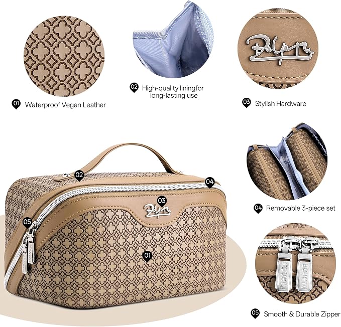 BOYATU Travel Makeup Bag for Women: Four Leaf Clover Large Capacity 3 Pcs Set Cosmetic Bags - Waterproof 50% Extra Space for Toiletry Organizer - Travel Essentials for Fortunate (05 Brown) - Image 3