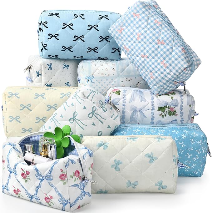 Paterr 10 Pcs Quilted Makeup Bag Bulk Cotton Floral Cosmetic Bag Women Girls Bridesmaid Gifts Cute Makeup Pouch Coquette Aesthetic Travel Toiletry Organizer(Blue Bow,6.30 x 3.94 Inches) by Paterr