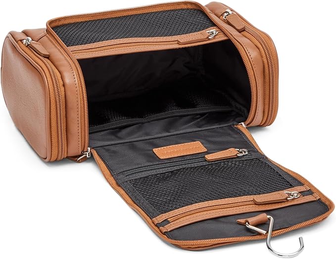 Leatherology Cognac Small Hanging Toiletry Kit – Compact Leather Travel Organizer with Interior Zip Pockets, Mesh Pouches & Hanger | Full-Grain Leather Toiletry Bag for Men & Women - Image 3
