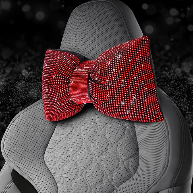 ChuLian 4 PCS Bling Car Pillows,Rhinestones Bowknot Car Headrest Pillow,Red | Car Neck Pillow for Driver Relax Neck Support,Sleeping Travel Support Neck Pillow,Diamond Interior Accessories for Women - Image 2