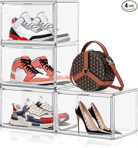 4 Pack X-Large Shoe Boxes Size 14, Clear Acrylic Handbag Storage Box Sneaker Display Case Shoes Containers with Magnetic Door Acrylic Display Case Organizer for Closet by EZJOB
