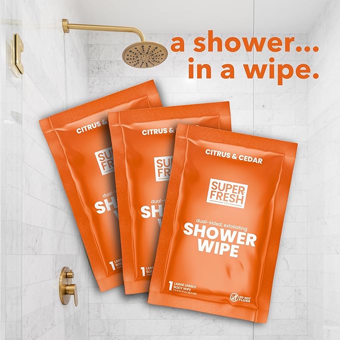 Super Fresh Shower Wipes Large Citrus Body Wipes for No Rinse Bathing Personal Hygiene Gym Travel or Camping Enriched with Aloe and Vitamin E 50 Individually Wrapped Disposable Sheets