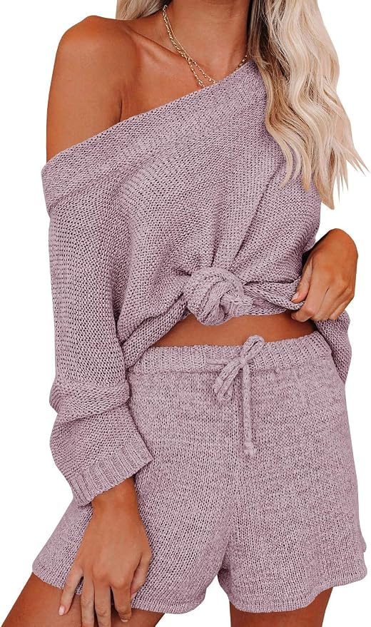 Ermonn Womens 2 Piece Outfits Sweater Sets Off Shoulder Knit Tops Waist Short Suits Casual Pajama Set - Image 2