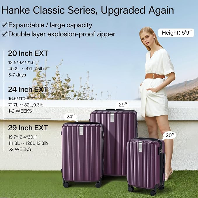 Hanke 20 Inch Expandable Carry on Luggage 22x14x9 Airline Approved Lightweight PC Hard Shell Suitcases with Wheels Tsa Luggage Rolling Suitcase Travel Luggage Bag for Weekender(Purple) - Image 2