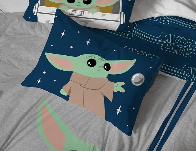 Star Wars Mandalorian Grogu Queen Comforter Set 7 Piece Bedding, Gray | Baby Yoda, Bed in a Bag, Comforter Sheets Shams Pillowcases, Official Brand, Soft Microfiber, Machine Washable, Kids Gift - Image 5