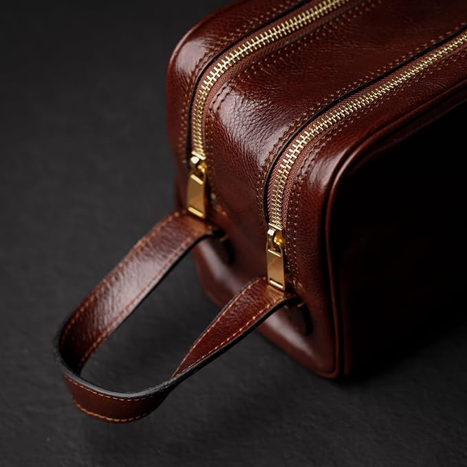 Time Resistance Leather Cosmetic Bag - Italian Toiletry Dopp Kit (Brown) - Image 3