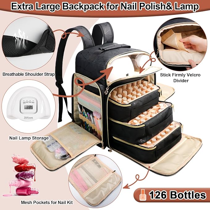 Nail Polish Organizer Backpack Holds 126 Bottles& Nail Lamp, Extra Large Nail Kit Supplies Organizer Bag with 3 Removable Cases, Portable Nail Organizers and Storage for Trave (Elegant Black) - Image 2