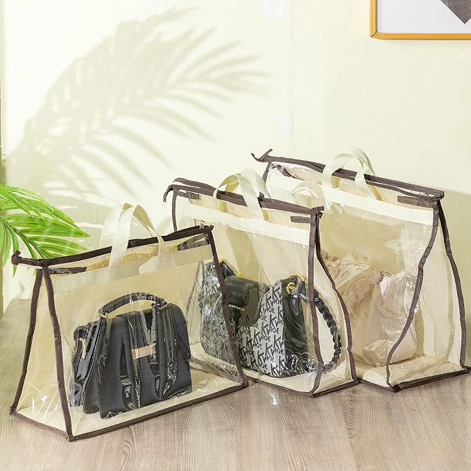 16 Pack Clear Handbag Storage Organizer with 16 Stainless Steel S-Hooks, 4 Assorted Sizes, Anti-Dust Moisture-Proof Purse Storage Bags with Zipper and Handle for Closet Hanging, Wallet Dust Cover Set - Image 4