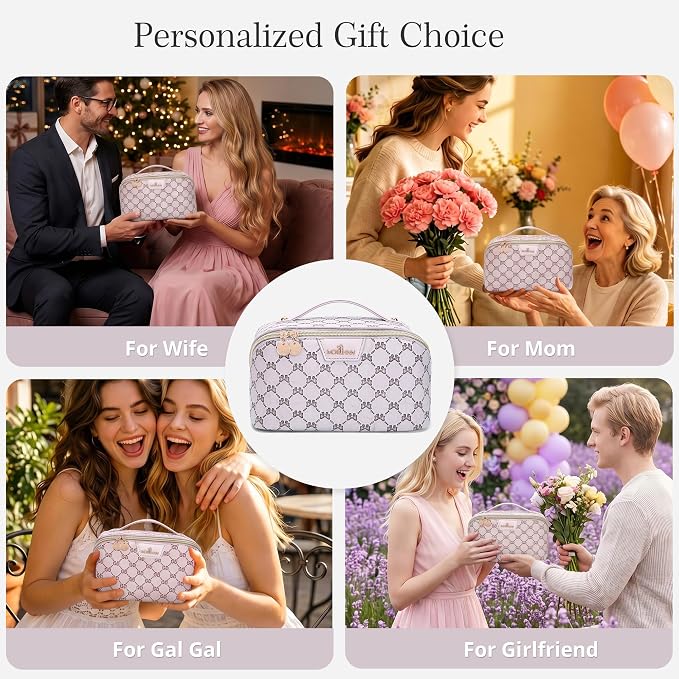 Travel Makeup Bags for Women: 3 Pcs Set Luxury Bow Print Make up Bag - Large Capacity Cute Cosmetic Case - 3–15 Day Travel Toiletry Organizer Bag, Comes with An Gift Box(Moon mist gray) - Image 5