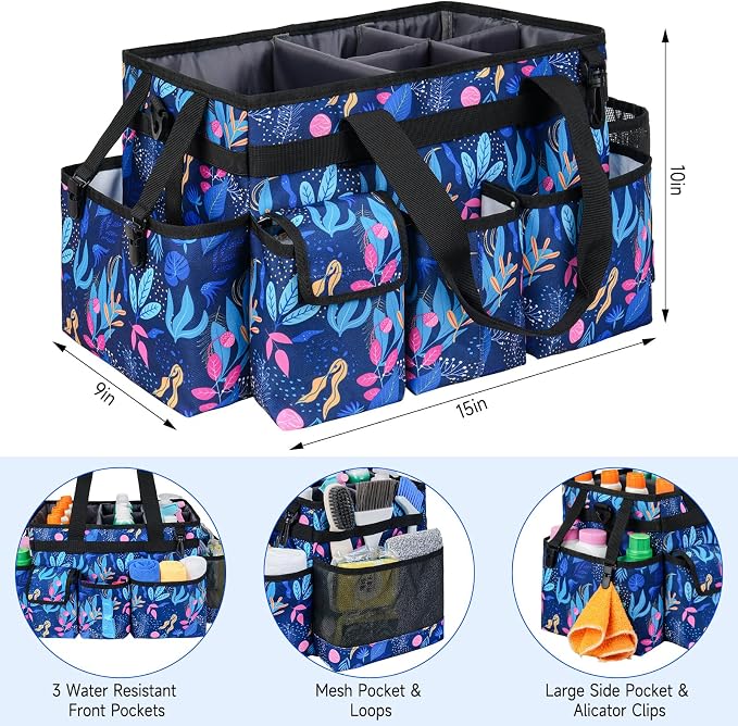 Cleaning Organizer, Large Caddy Bag for Supplies, Housekeeper's Bag with Handle (Blue Leaf) - Image 4
