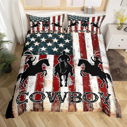 Western Rustic Bedding Set for Cowboys Cowgirls Farmstyle Duvet Cover Queen Size, Vintage American Flag Comforter Cover Wild Animal Print Bedding Farmhouse Theme Bedspread Cover with 2 Pillowcases by Erosebridal