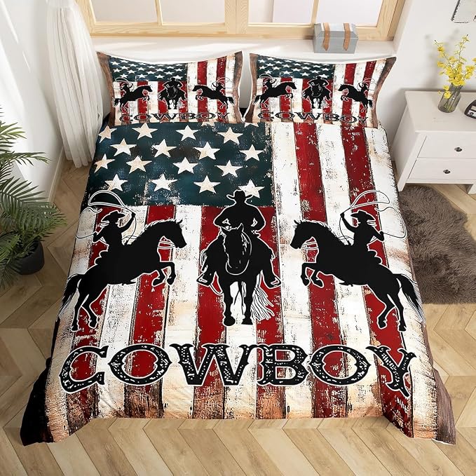 Western Rustic Bedding Set for Cowboys Cowgirls Farmstyle Duvet Cover Twin Size, Vintage American Flag Comforter Cover Wild Animal Print Bedding Farmhouse Theme Bedspread Cover with 1 Pillowcase by Erosebridal