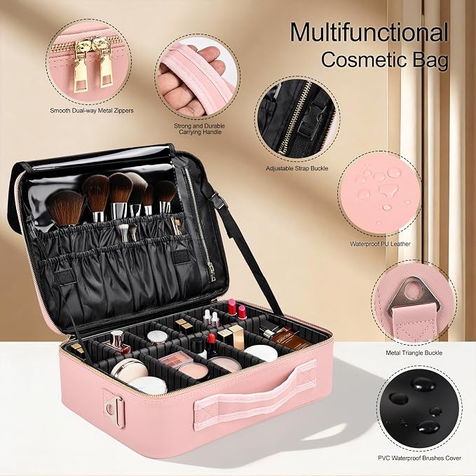 Travel Makeup Bag with Brush Holder, Professional Cosmetic Train Case Organizer, Portable Travel Makeup Brush Carry Case Artist Storage Box with Adjustable Dividers and Shoulder Strap, Leather Pink - Image 3