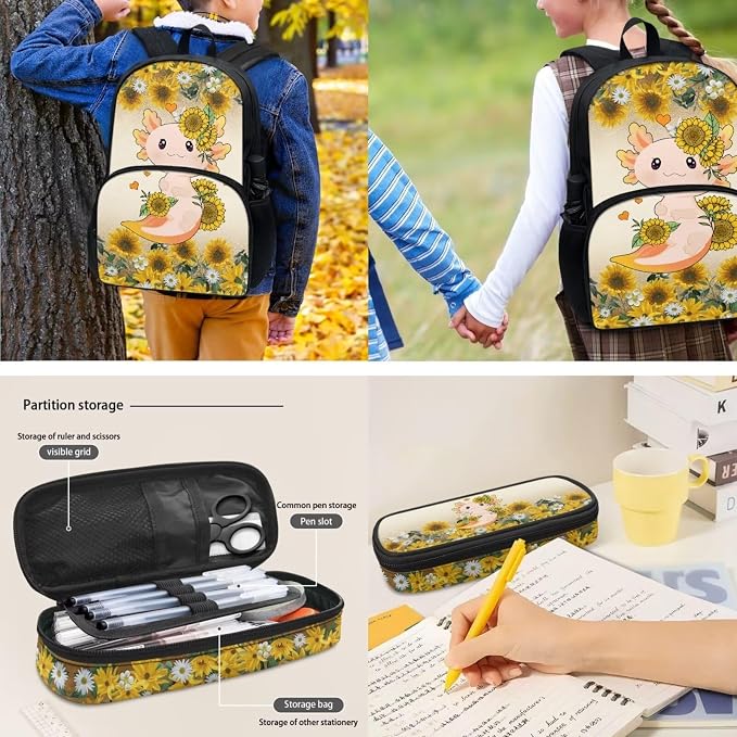 POLERO Cute School Bag Bookbag for Teen Girls Sunflower Axolotl Backpacks with Lunch Box Toddler Kindergarten School Bags Set - Image 4