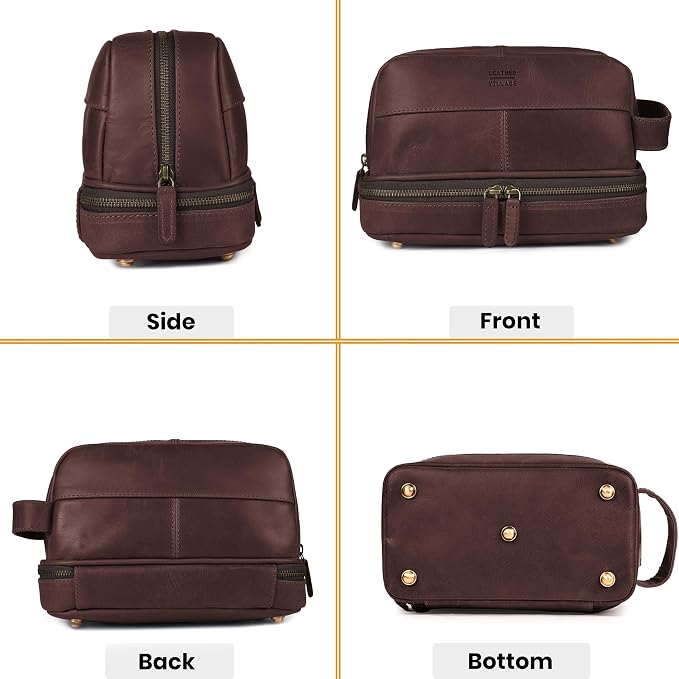 LEATHER VILLAGE Leather Toiletry Travel Bag with Waterproof Lining, Large Capacity Vintage Dopp Kit, 180° Wide Open Shaving & Cosmetic Organizer for Men & Women - Cherry - Image 6