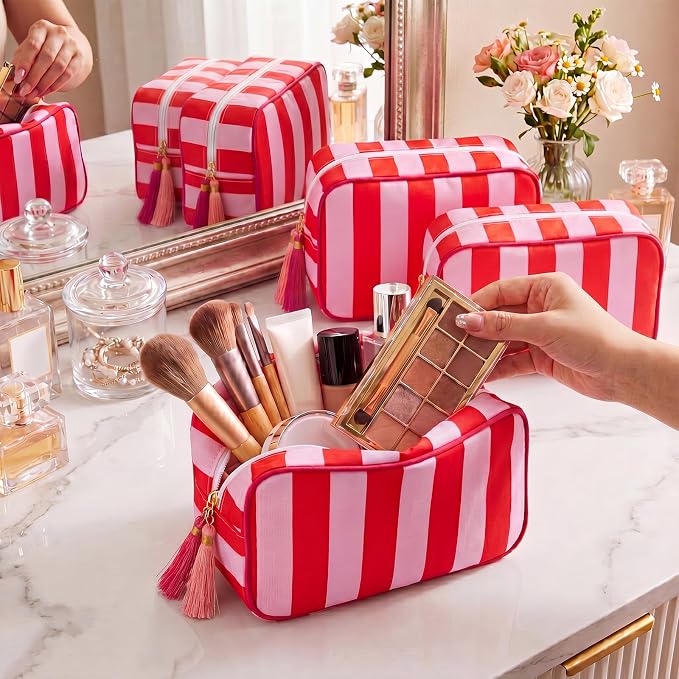 Kacctyen 6 Pack Tomato Red and Light Pink Striped Makeup Bag bulk with Tassel Travel Cosmetic Pouch Organizer Large Zipper Toiletry Case for Women Aesthetic Storage Pouch Mahjong Tile Bag - Image 3