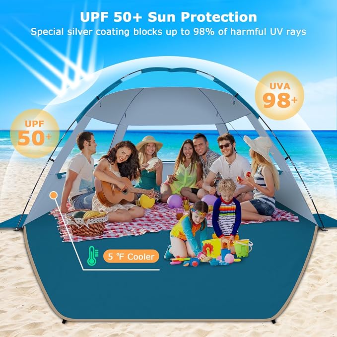 COMMOUDS Beach Tent Sun Shelter for 3/4/6/8 Person, UPF 50+ UV Protection Beach Shade Canopy Tent, Lightweight, Easy Set Up and Carry - Image 3