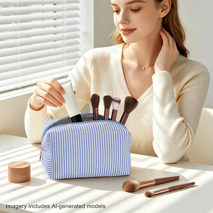 Makeup Bag Set for Women, 12PCS Travel Cosmetic Bags Pencil Case, Striped Seersucker Toiletry Organizer Pouches, Cute Makeup Pouch for Purse, Accessories and Gifts, Blue - Image 5