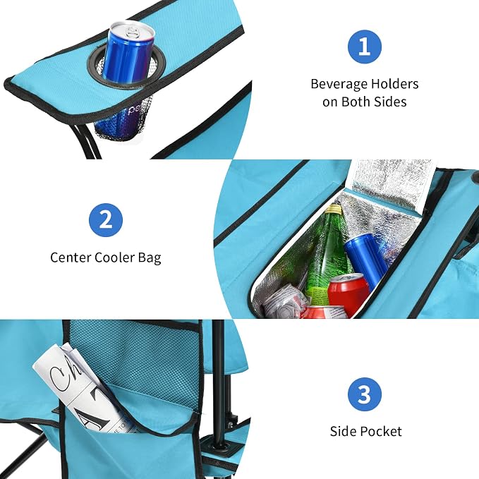 Goplus Double Camping Chair with Umbrella, Folding Loveseat Chairs w/Canopy Shade, Carrying Bag, Table, Cup Holder, Portable Beach Chairs Outdoor Picnic Patio (Turquoise) - Image 5