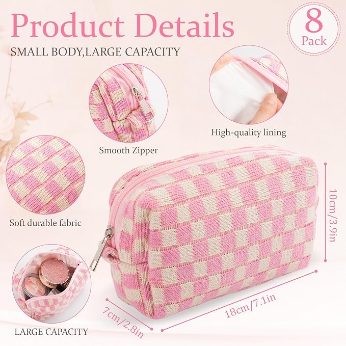 Gilprop 8 Pcs Checkered Makeup Bag for Purse Small Cosmetic Pouch Bulk Portable Zipper Makeup Pouch Travel Toiletry Organizer Gifts for Women Bridesmaid Wedding Party Favors (Pink White) - Image 2