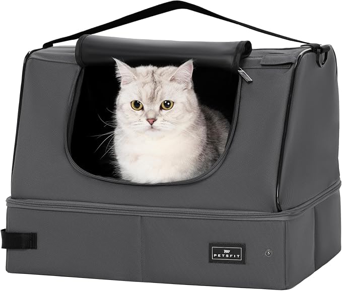 PETSFIT Portable Travel Cat Litter Box with Lid – Collapsible, Leak-Proof & Washable 2-Layer Liner, Sturdy Support Frame, for Hotel/Car/Camping, Cat Travel Essentials for Kitty/Medium Cats Grey by Petsfit