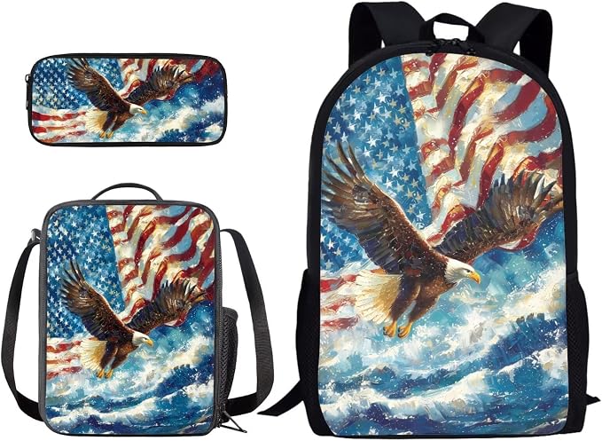 Bald Eagle American Flag Casual Daypack Set for Teen Girls, Backpack Set with Reusable Lunch Box and Pencil Case, Portable School Bag Set Suitable for Boys and Girls by PCSJRKG