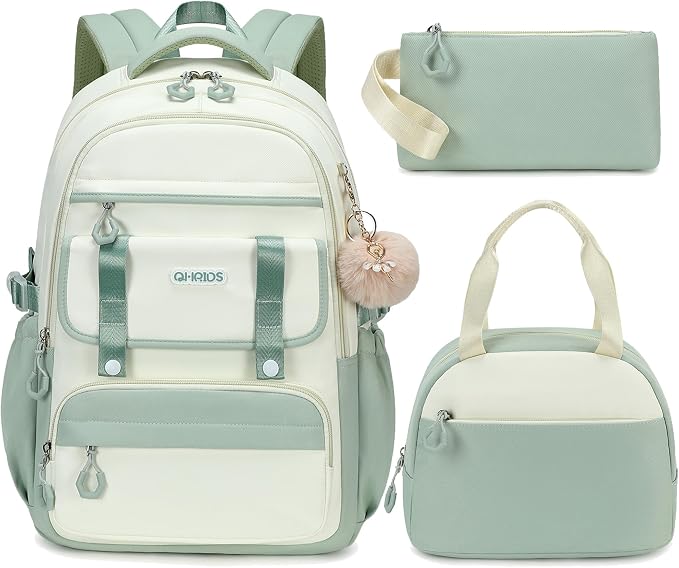 School Backpack for Girls, 3PCS Laptop Backpack 15.6 Inch with Lunch Box Pencil Pouch Set for Kids Teens Elementary Middle High School College Bookbag Student Casual Travel Daypack,Green Beige by QHRIDS