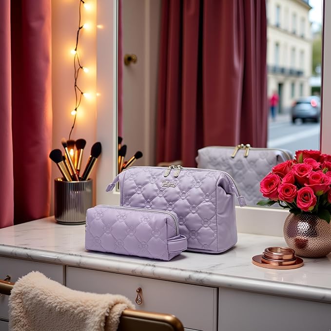 BOYATU Travel Makeup Bag Cosmetic Pouch: 2 Pcs Set Waterproof Vegan Leather Cosmetic Bags for Women - Cute Quilted Skincare Make up Toiletry Bag for Girl (03-Purple) - Image 7