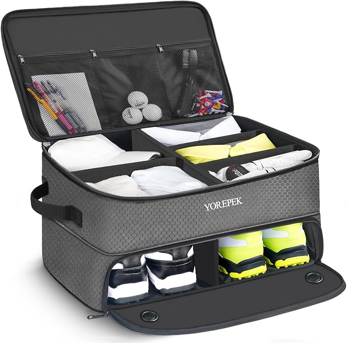YOREPEK 2 Layer Golf Trunk Organizer, Golf Gifts for Men with Separate Ventilated Compartment for 2 Pair Shoes, Waterproof Car Trunk Locker for Balls, Tees, Clothes, Gloves, Gifts for Golfers by YOREPEK