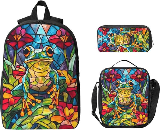 Frog Kid Backpack Set with Lunch Bag & Pencil Case Large Capacity School Bag 17 Inch Bookbag for Boy Girl by thmnj