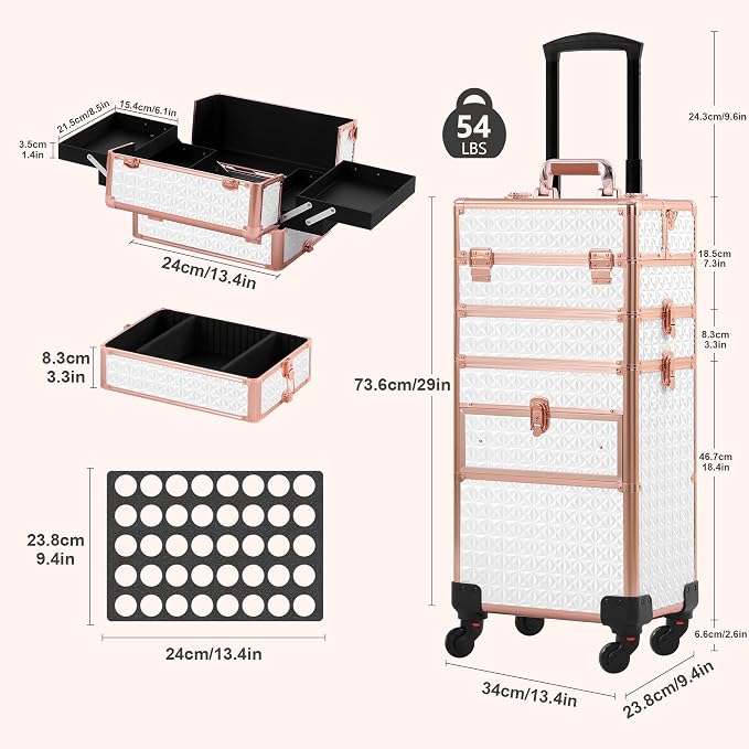 Makeup Train Case with Drawer, Rolling Makeup Case, Cosmetology Case on Wheels, Gift, Large Makeup Case Organizers, Professional for Salon Barber, Nail, Tattoo, White Gold - Image 4