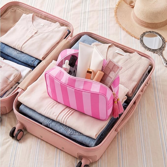Kacctyen 6 Pack Bright Pink and Candy Pink Striped Makeup Bag bulk with Tassel Travel Cosmetic Pouch Organizer Large Zipper Toiletry Case for Women Aesthetic Storage Pouch Mahjong Tile Bag - Image 7