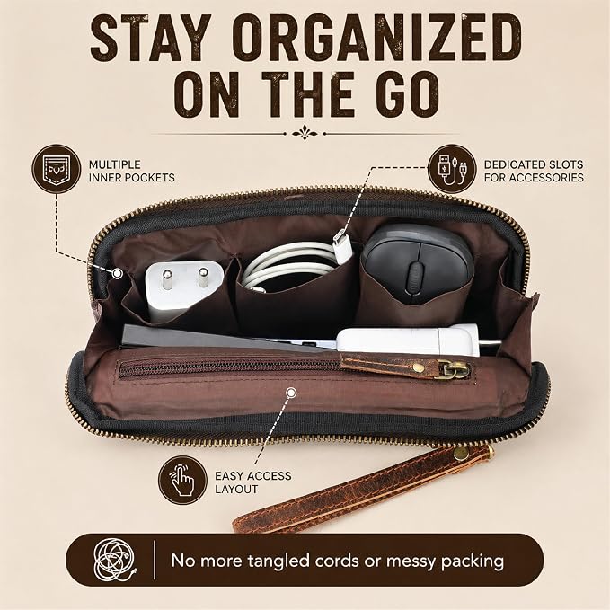 Genuine Leather Makeup Bag Travel Organizer, Premium Handcrafted Cosmetic Pouch with Zipper & Wrist Strap, Durable Toiletry Storage for Women & Men, 5 x 9- Brown - Image 6