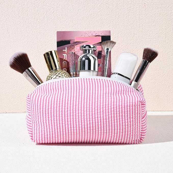 SOIDRAM 12PCS Striped Makeup Bag Preppy Cosmetic Bag Bulk Pink Makeup Pouch Personalize Travel Toiletry Bag Organizer Cute DIY Makeup Brushes Storage Bag for Women - Image 7