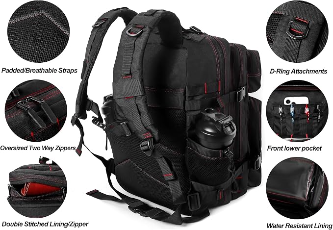 LHI Military Tactical Backpack for Men and Women 45L Army 3 Days Assault Pack Bag Large Rucksack with Molle System - Black With Red Line - Image 5