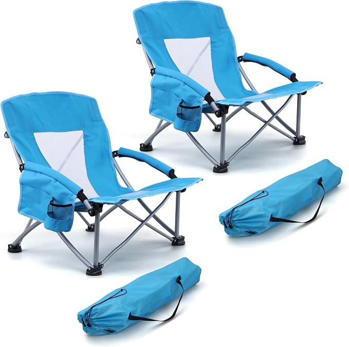 HaSteeL Low Beach Chairs for Adults, Lightweight Camping Folding Chair with Carrying Bag, Portable for Outdoors Lawn Backyard Patio RV Trip Fishing Sport Tailgating, Support 300LBS, Blue, 2 Pack by HaSteeL