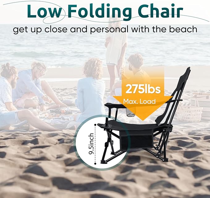 HaSteeL Folding Beach Chair, Foldable Black Camping Chairs for Outside, Low Beach Chair Portable for Adults Fishing, Picnic, Outdoor BBQ, Travel, Sports, Cup Holder & Storage Bag - Image 7