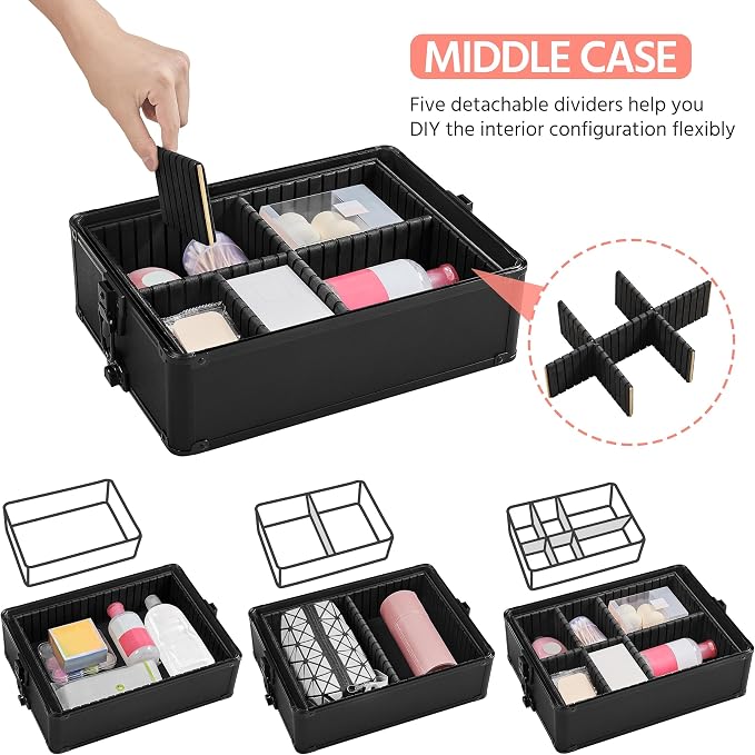Yaheetech 4 in 1 Rolling Makeup Train Case, Lockable Black Cosmetology Cart | Extra large aluminum-trimmed nail cart with detachable tiers and accordion trays keeping beauty supplies organized on the go - Image 5