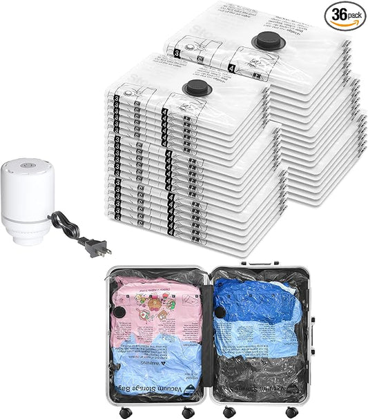Vacuum Seal Bags for Clothing Travel and Home Storage, Travel Vacuum Bags with Electric Pump, Space Saver Compression Packing Cubes for Luggage Suitcase Bedding Blankets Clothes, 36 Combo by SUOCO