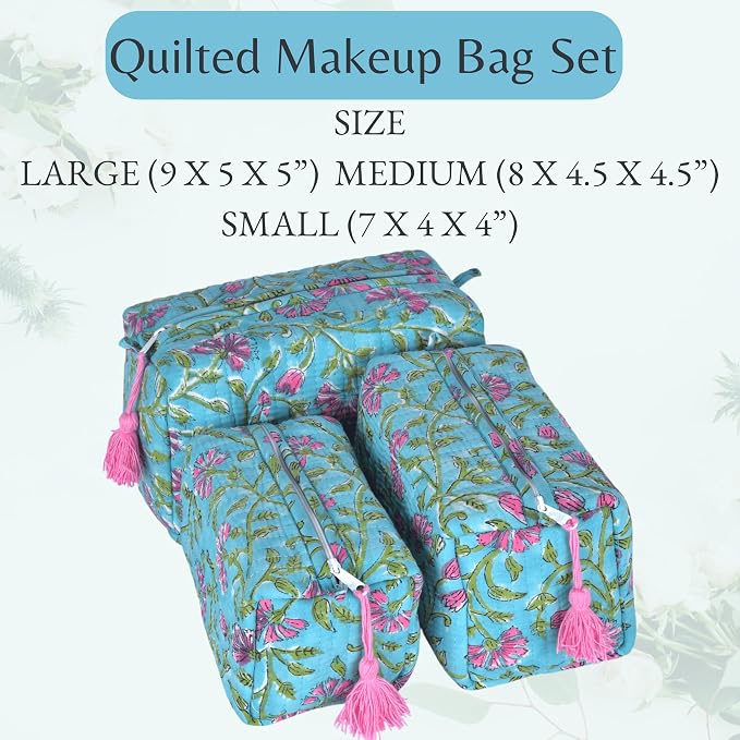Quilted Floral Block Print Makeup Bag Set of 3 – Cotton Travel Toiletry and Makeup Organizer, Cosmetic Pouch, Toiletry Bag for Women, Cute Boho Coquette Make Up Bags for Women (Small, Medium, Large) - Image 2