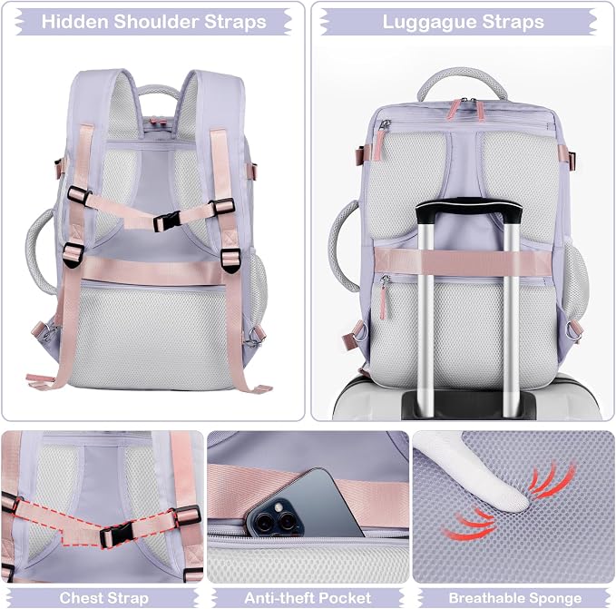Hanples Travel Backpack for Women, 17 Inch Waterproof Laptop Backpack | 35L Carry on Backpack, TSA Flight Approved Anti Theft Travel Bag, Casual Daypack with 2 Toiletry Bags for Trips, Gray Purple - Image 6