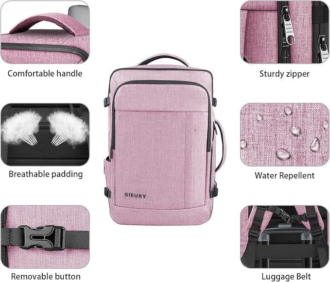 Carry On Backpack, 40-50L Travel Backpack for Men & Women, Expandable Backpack For Airplanes, 17 Inch Laptop Backpack, Luggage Suitcase 40L Daypack Lightweight Business Weekender Bag, Light Pink - Image 3