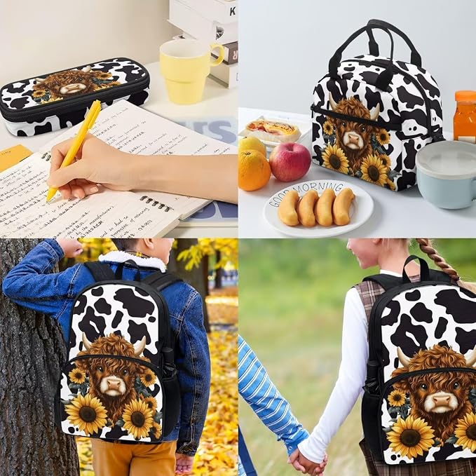 Highland Cattle Sunflowers Big Student Hiking Backpack Black White Cow Print Travel Bookbag Storage Lunch Tablet Tote Bag Water Cup Sleeve for Girls Boys Kids Teens Students, 4 Pack - Image 4