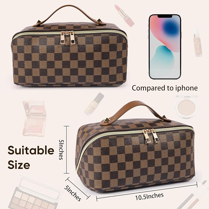 Leather Travel Makeup Bag, Large Capacity Cosmetic Bag for Women, Waterproof Portable Pouch with Divider, Toiletry Organizer with Handle, 10.5x5x5 Inches, Deep Brown - Image 4