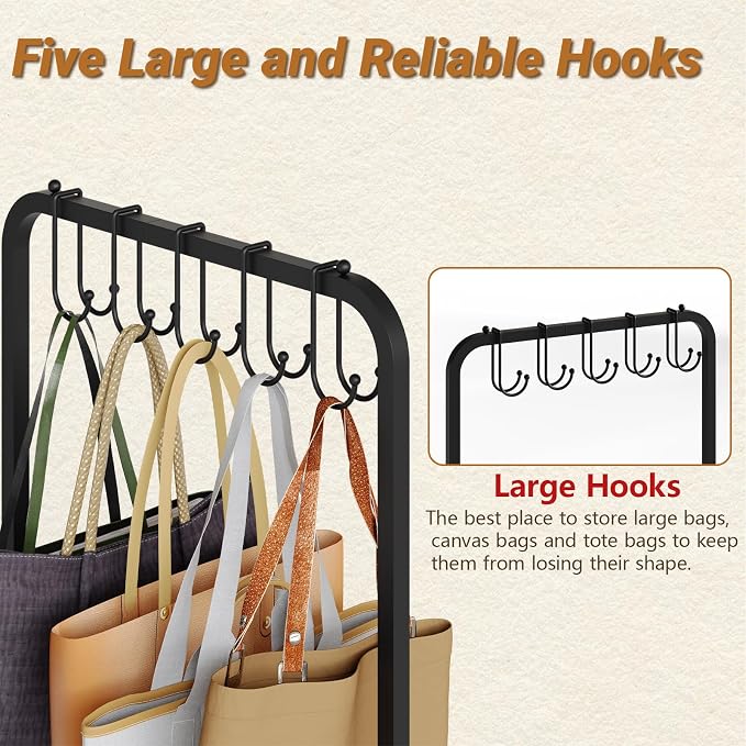 Floor-Standing Purse Organizer for Closet with 5 Hangers & 6 Side Hooks, Tall Purse Rack Stand for Purse Storage, High-Capacity Handbag Organizer, Multi-Purpose Purse Storage Organizer for Small Place - Image 3